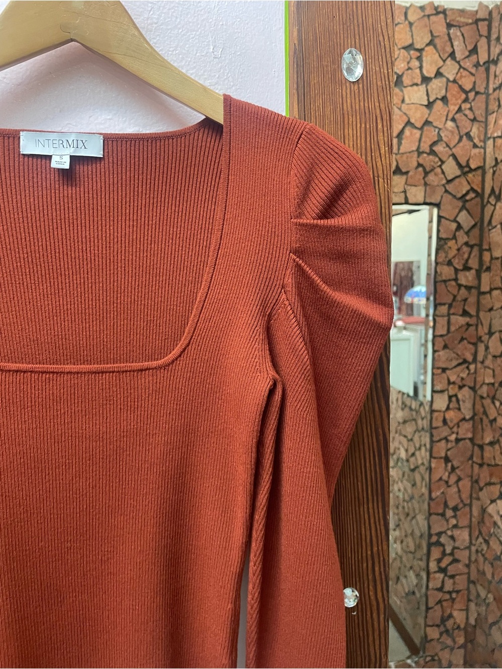 INTERMIX Rust Square-Neck Ribbed Long-Sleeve Top - Picture 6 of 10